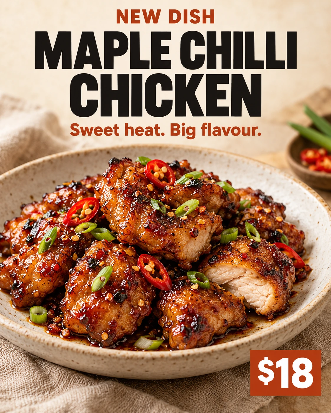 After: Maple Chilli Chicken poster with natural-looking food, clean upright typography, warm daylight, and a clear restrained layout
