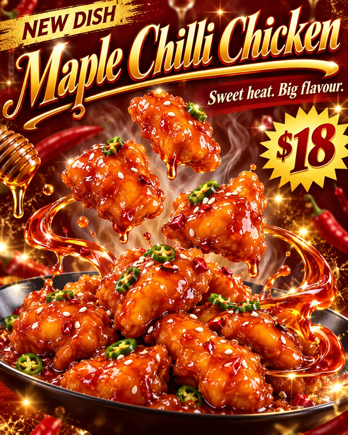 Before: Maple Chilli Chicken poster with artificial glossy food, italic headline, decorative underline, glitter, and a crowded promotional layout